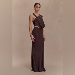 Meshki Violeta Lightweight Suede-Feel Bias Cut Midi Skirt Brown